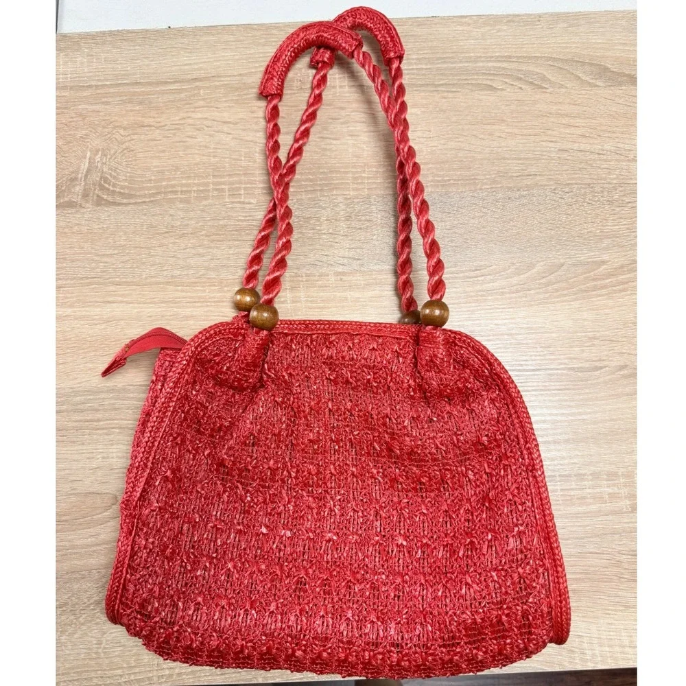 The Last Straw Holiday Fair Inc Red Woven Straw Handbag Wood Bead Rope Handle